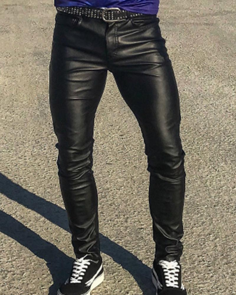 

Solid Skinny Low Waist High Elastic PU Pants, Black