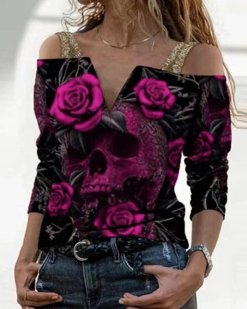 

Rose Print Long Sleeve Blouse, Hot pink