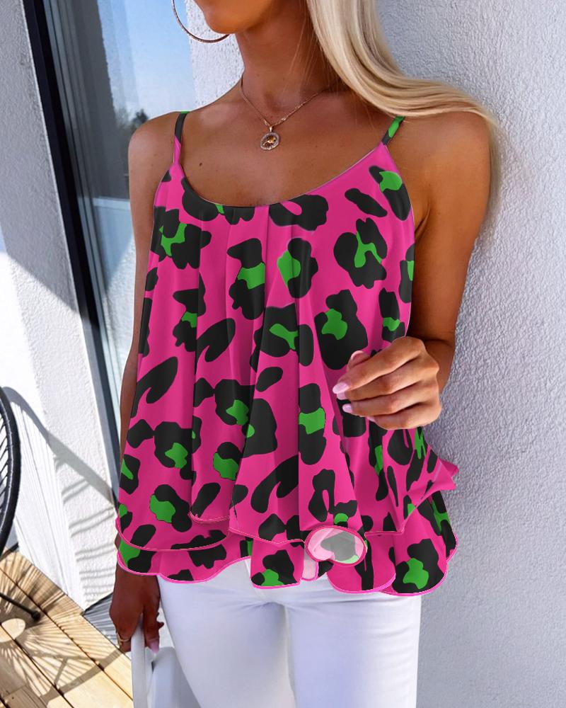 

Pink Leopard Print Ruffles Flowy Cami Top, Rose red