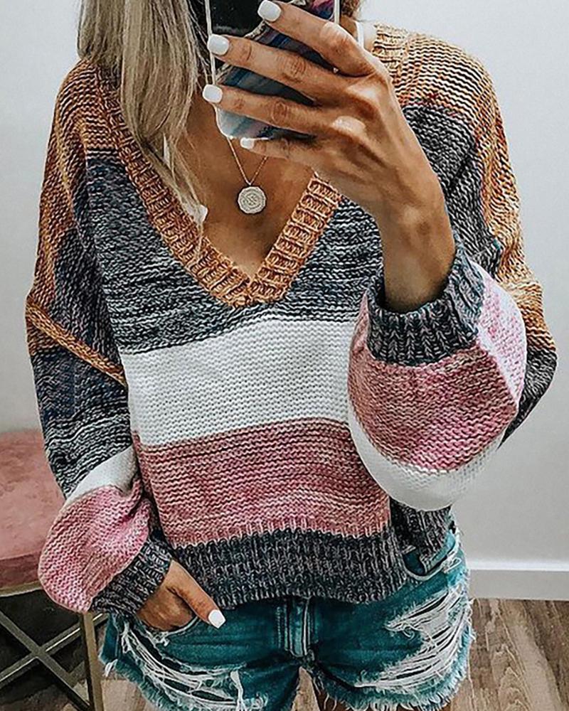 

Colorblock Lantern Sleeve Knit Top, Pink