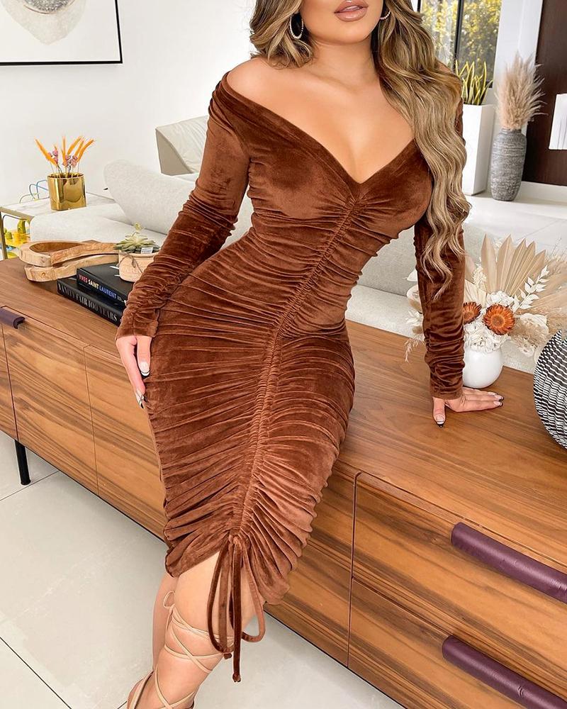 

Plain Velvet Long Sleeve Drawstring Ruched Bodycon Dress V-Neck Slim Fit Skinny Party Dress, Coffee