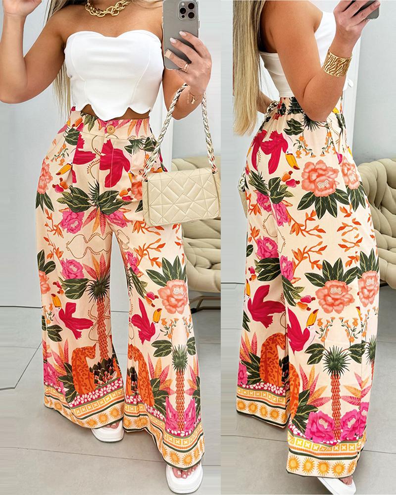 

Bandeau Asymmetrical Top & Tropical Floral Animal Geometric Print Pants Set, Apricot