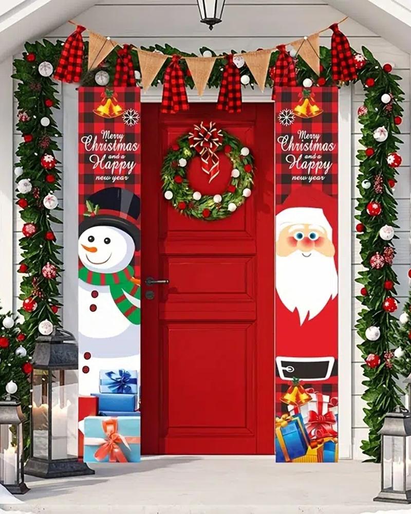 

2pcs Christmas Banner Outdoor Santa Snowman Hanging Decoration Set, Red