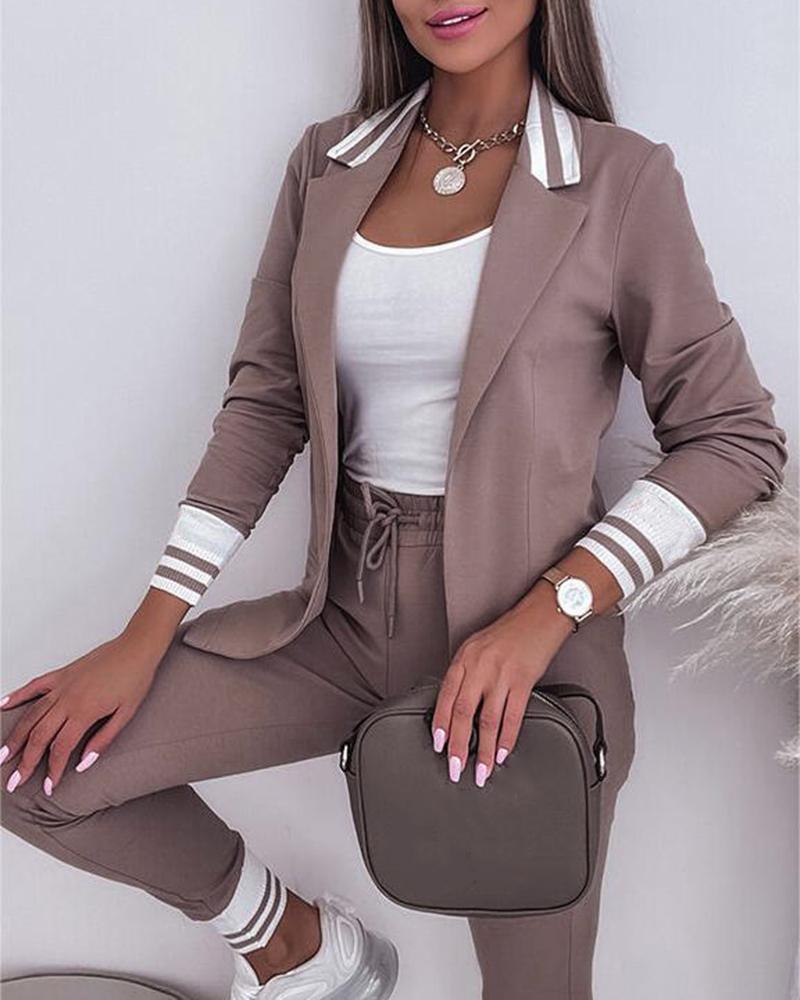 

Striped Notched Collar Blazer Coat & Drawstring Pants Set, Pink