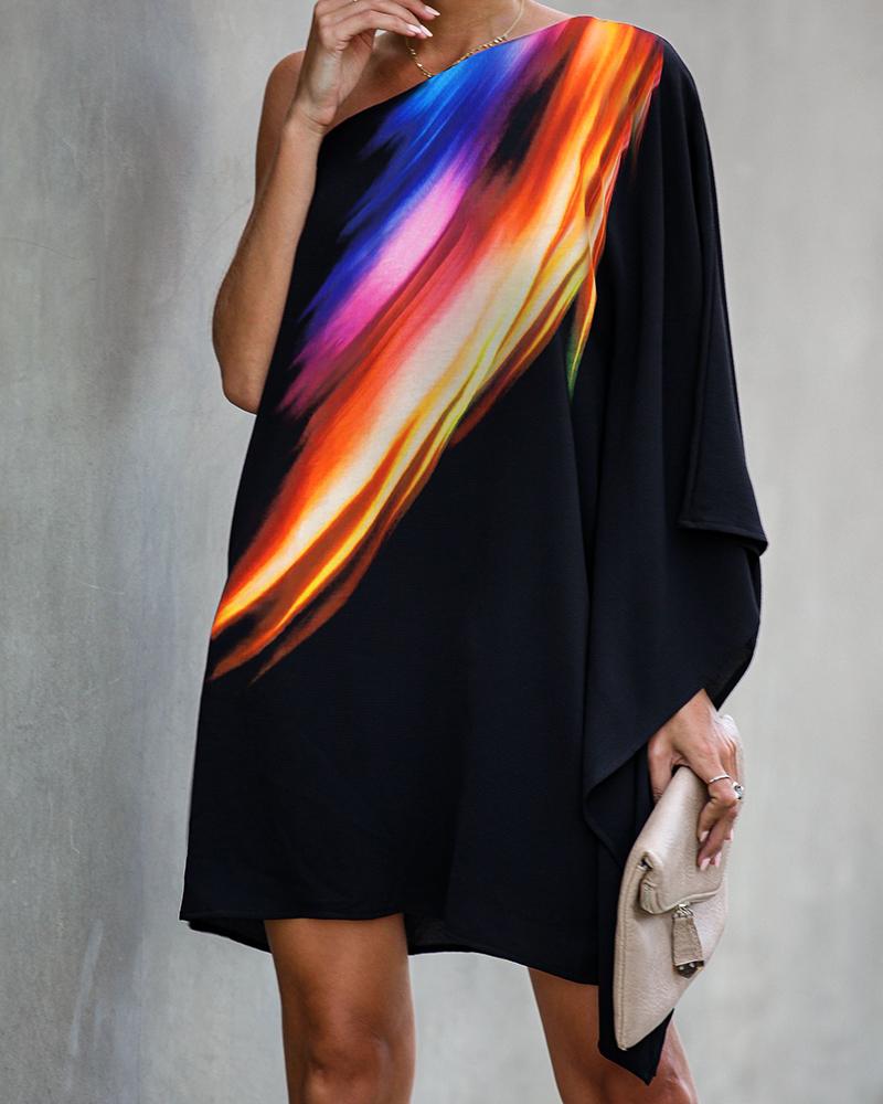 

One Shoulder Colorful print Casual Dress, Black