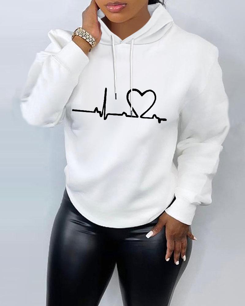 

Plus Size Heart Print Hooded Top, White