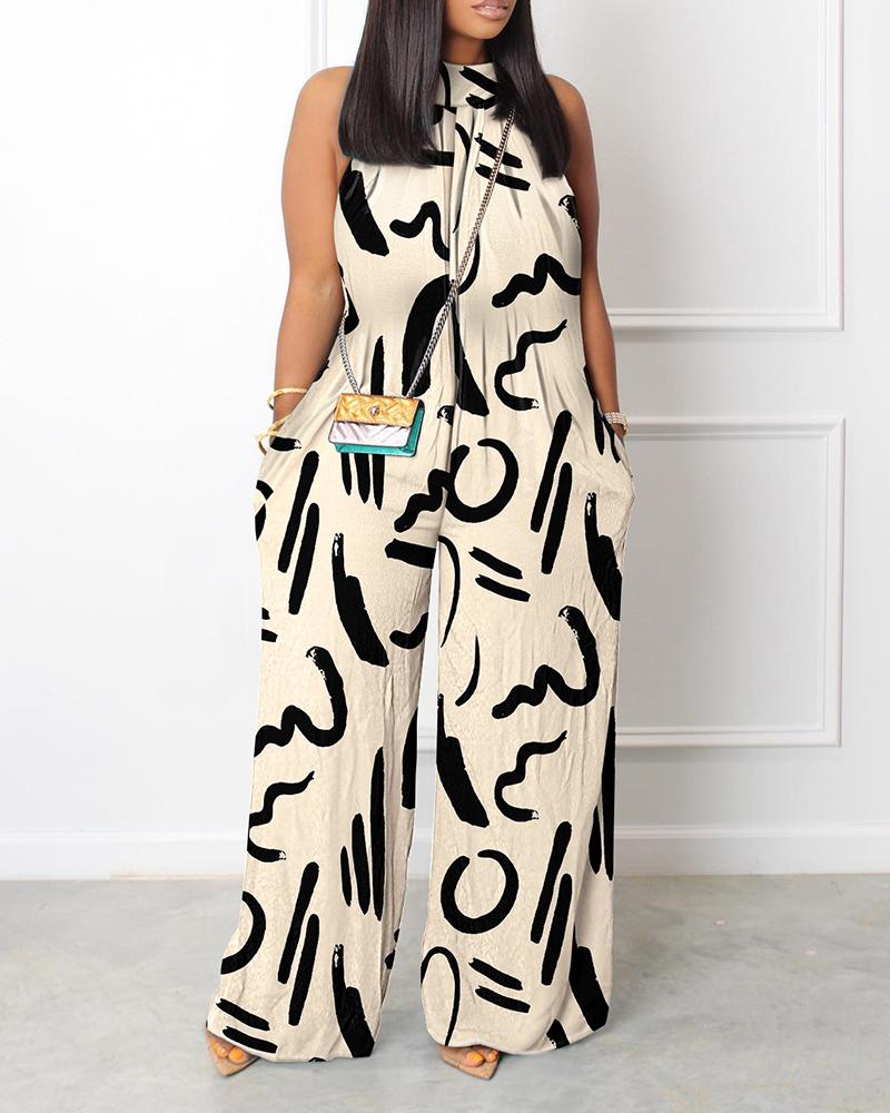 

Abstract Print Sleeveless Wide Leg Jumpsuit, Apricot
