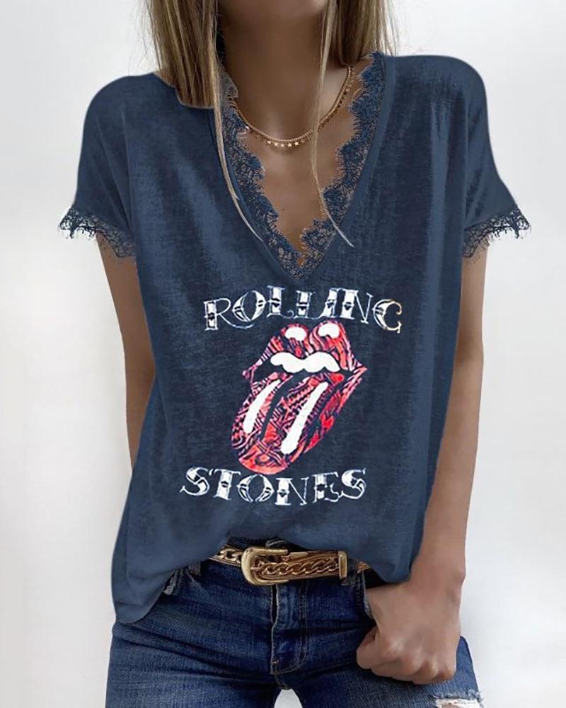 

Letter Lip Print Eyelash Lace Trim T-shirt, Purplish blue