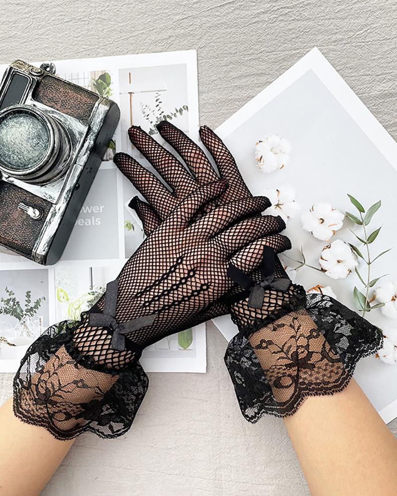 

Bowknot Decor Fishnet Design Crochet Lace Gloves, Black