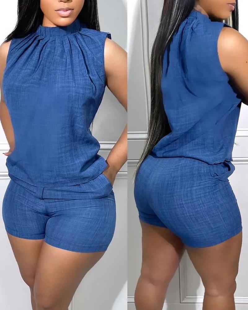 

Ensemble débardeur sans manches froncé et short à poche, Blue