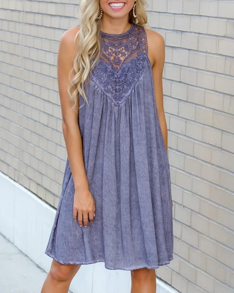 

Crochet Lace Insert Sleeveless Casual Dress, Dark blue