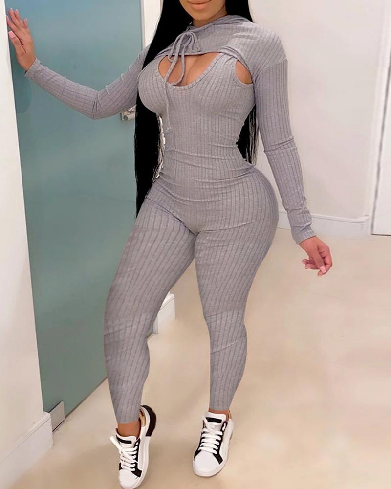 

Ribbed Solid Drawstring Top & Fitted Jumpsuit Set, Gray