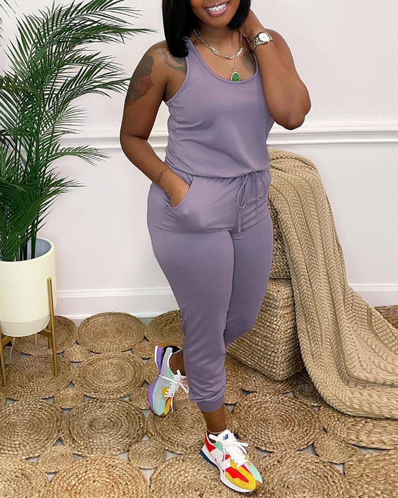 

Sleeveless U-Neck Drawstring Casual Jumpsuit, Purple
