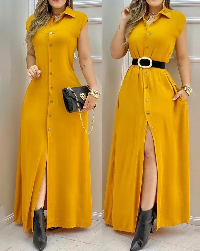 

Plain Button Design Slit Shirt Dress, Yellow