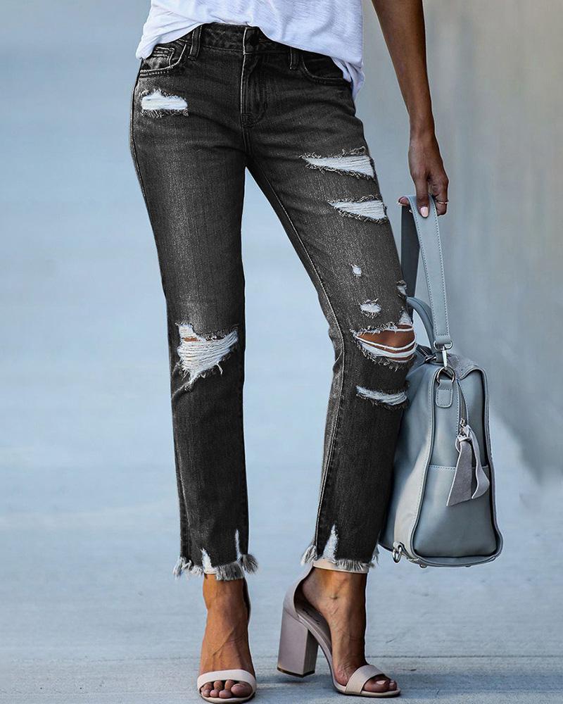 

Fringe Hem High Waist Ripped Jeans, Black