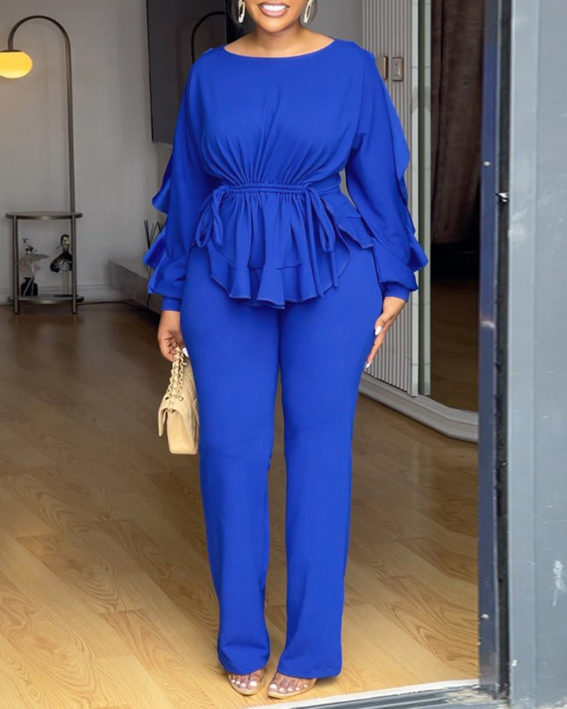 

2 Pieces Outfit Round Neck Long Sleeve Ruffles Drawstring Top and Casual Slim Fit Pants Set, Blue