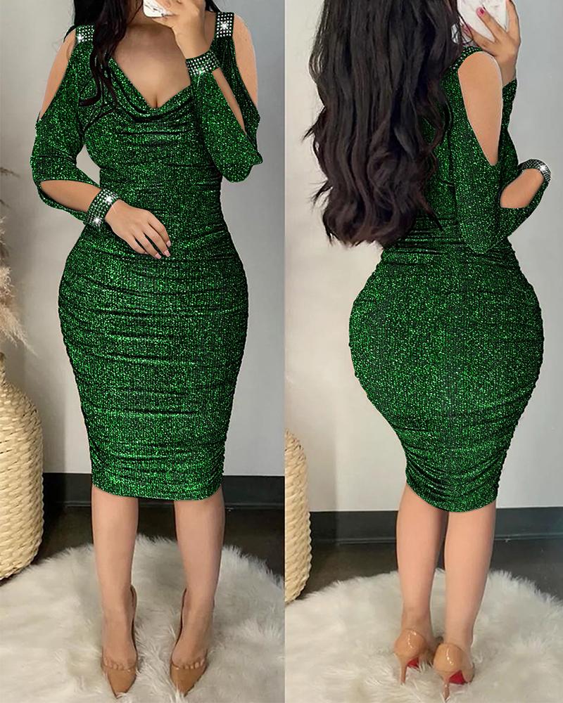 

Rhinestone Cold Shoulder Ruched Glitter Bodycon Dress, Green