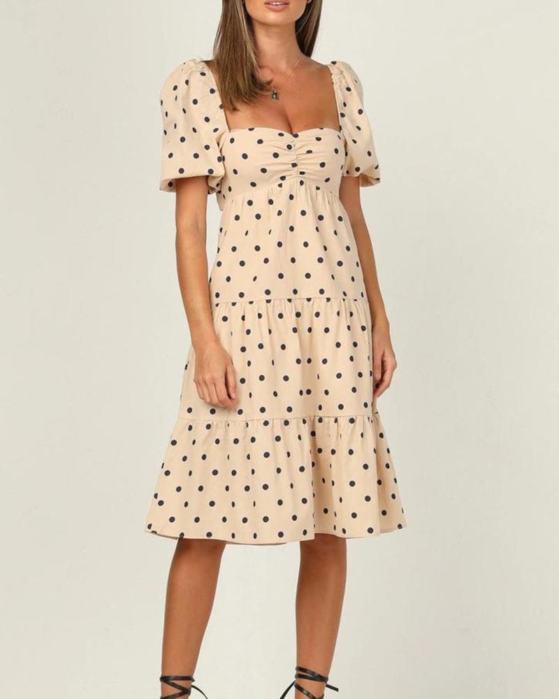

Dot Print Puff Sleeve Loose A-line Mini Dress, Nude