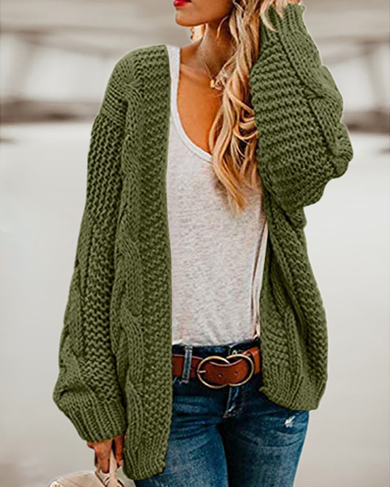 

Braided Knit Long Sleeve Cardigan, Green