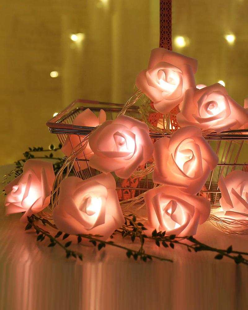 

LED Rose Flower String Lights Battery Operated For Wedding Home Party Decor, Pink