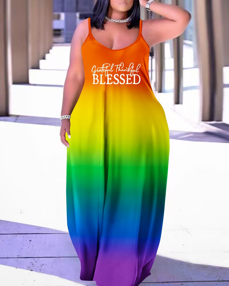 

Plus Size Grateful Thankful Blessed Print Ombre Maxi Dress, Multicolor