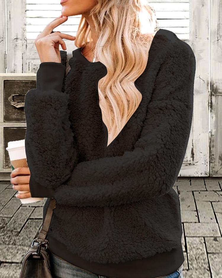 

Solid Fluffy Round Neck Sweatshirt, Black