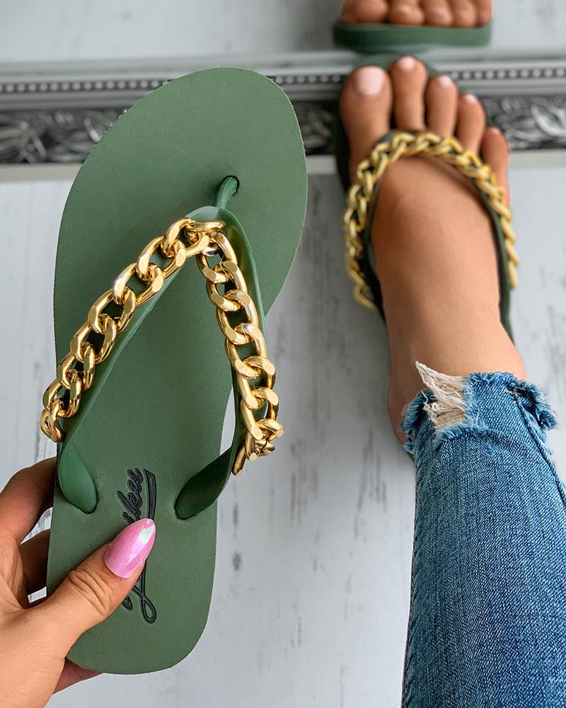 

Chain Decor Casual Filp Flops, Green