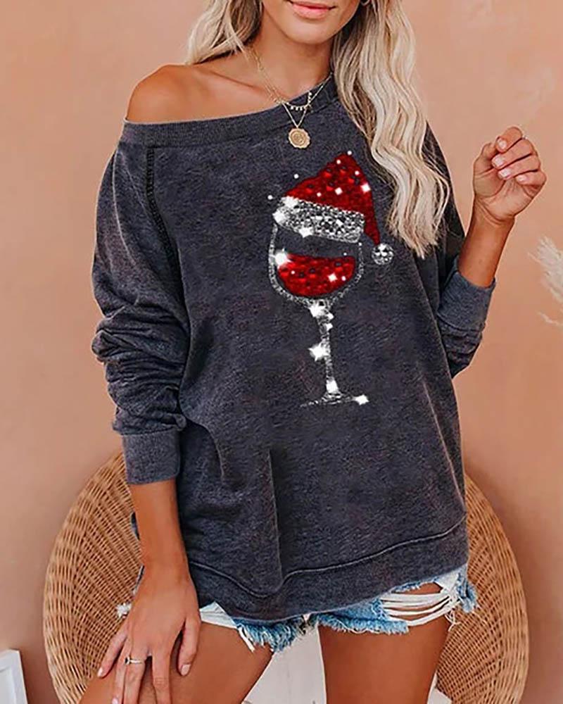 

Christmas Hat Print Long Sleeve Sweatshirt, Gray