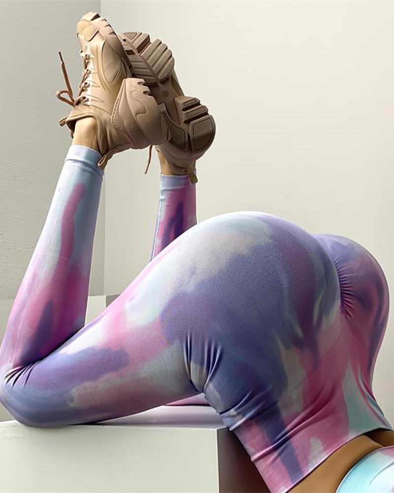 

Tie Dye Print Butt Lifting High Waist Yoga Pants, Purple