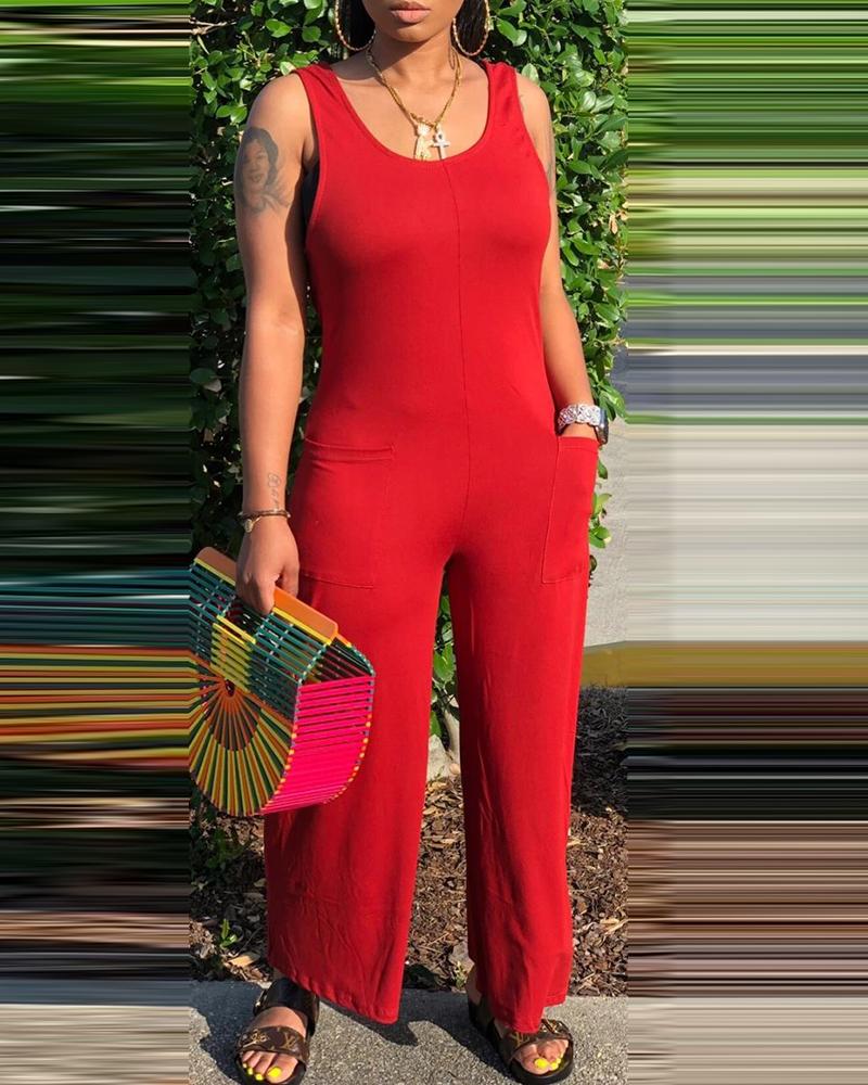 

Pocket Design Thick Strap Solid Jumpsuit, Red