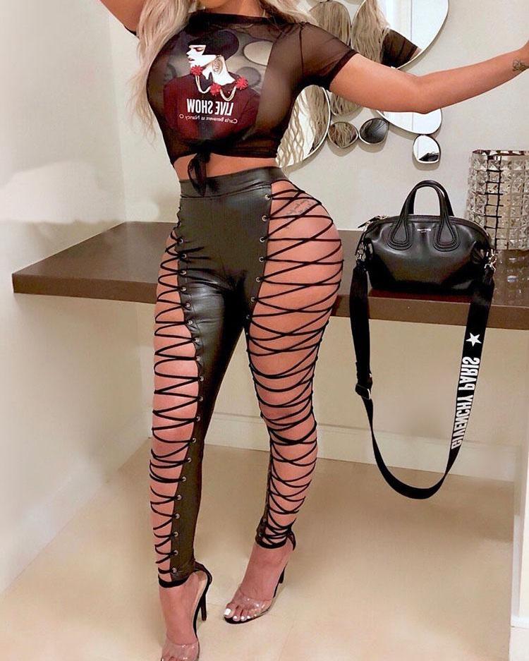 

Figure Print Mesh Sheer Crop Top, Black