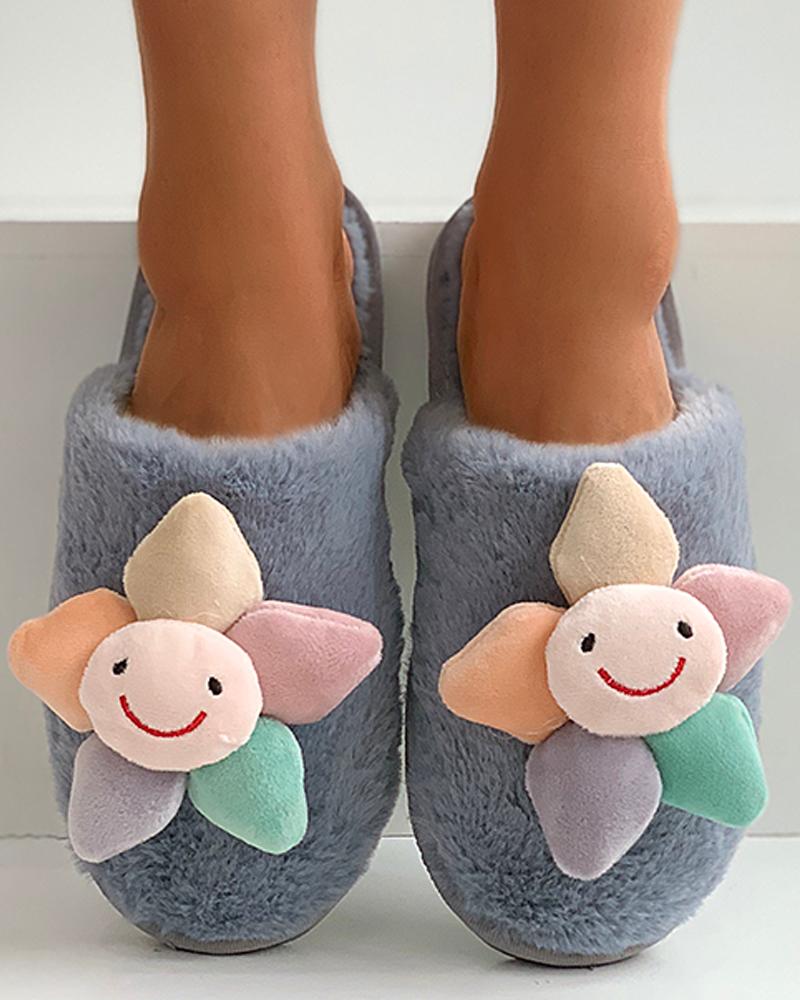 

Floral Pattern Fluffy Slippers, Gray