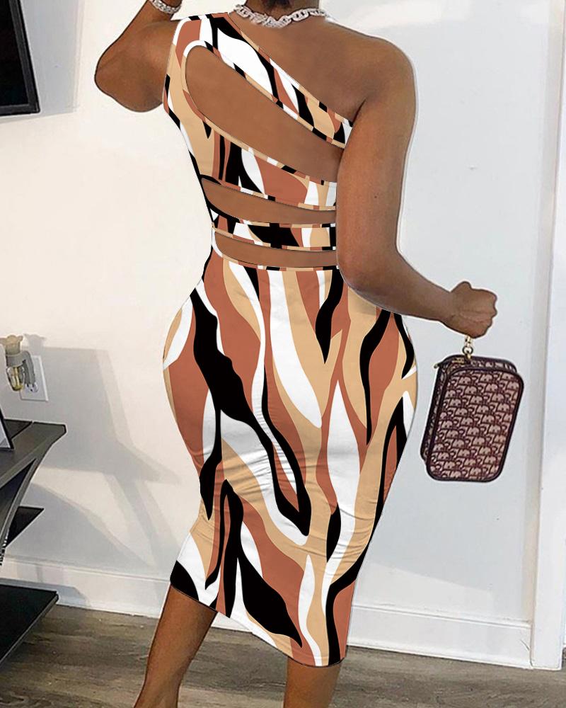 

Abstract Print Cutout One Shoulder Bodycon Dress, Khaki