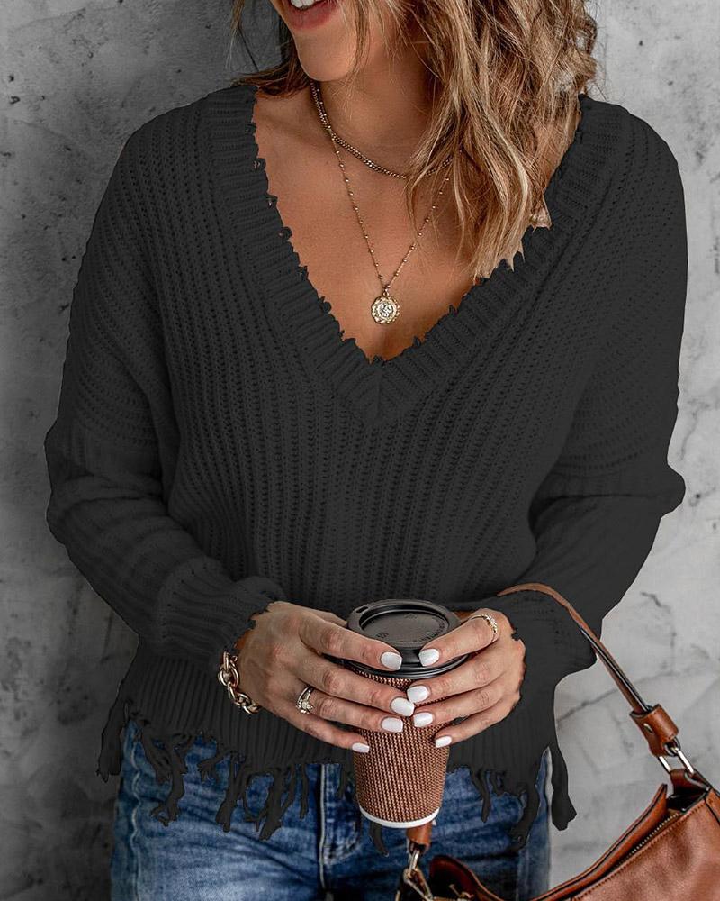 

Long Sleeve Distressed Chunky Knit Sweater, Black