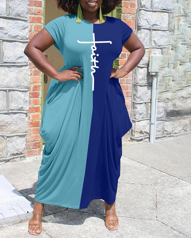 

Letter Print Colorblock Draped Casual Dress, Blue
