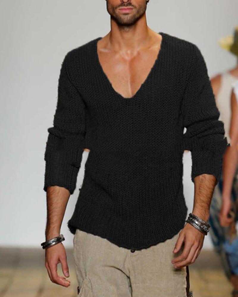 

Solid Long Sleeve Loose Sweaters, Black