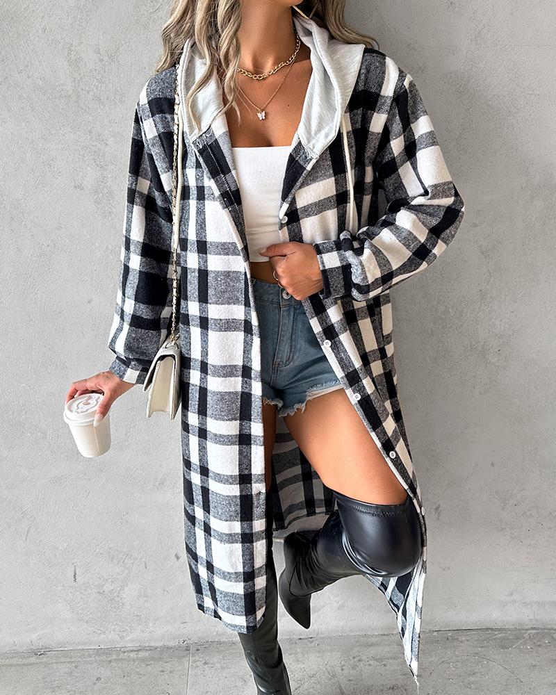 Plaid Print Buttoned Drawstring Hooded Longline Shacket