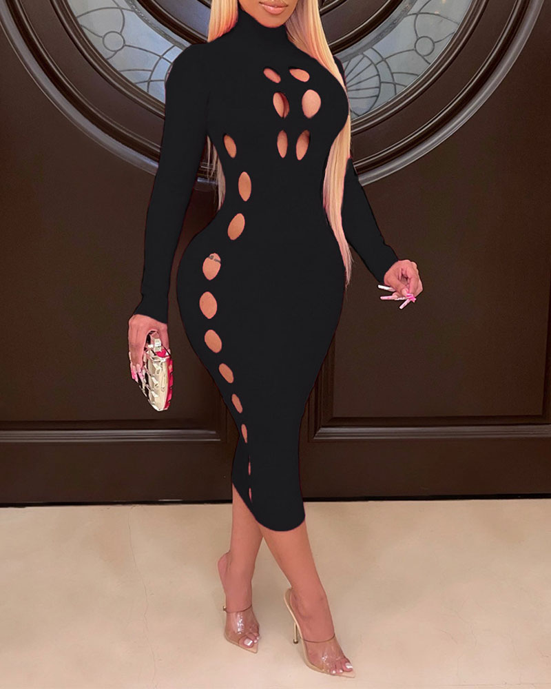

Hollow-out Long Sleeve Skinny Dress, Black