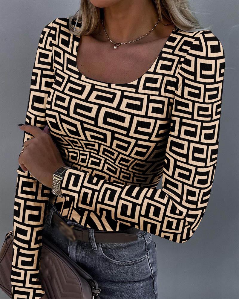 

Geo Print U-Neck Long Sleeve Ribbed Top, Khaki