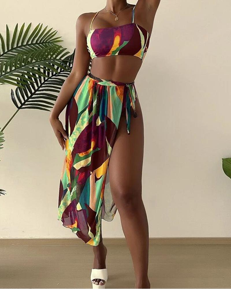 

3PCS Abstract Print Bikini Set With Cover Up, Purple