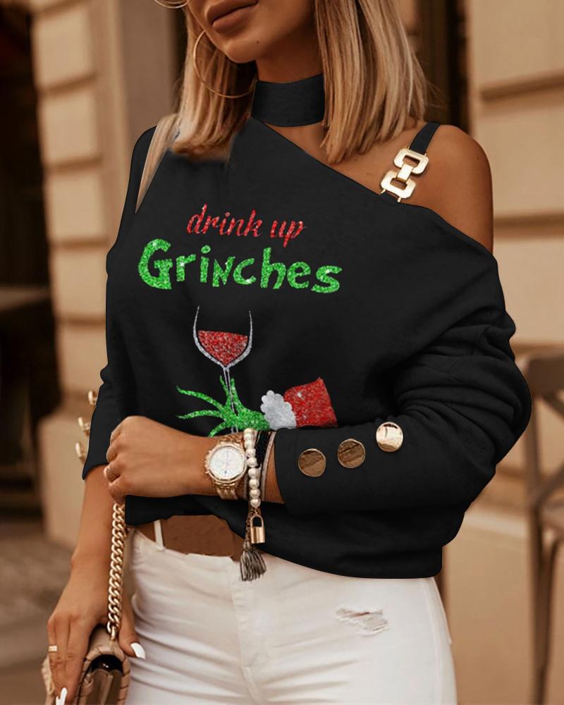 

Christmas Grinch Print Cold Shoulder Top, Black