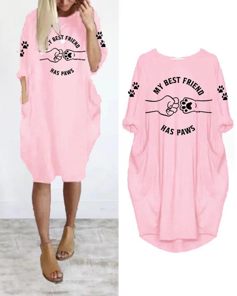 

Puppy Claw Letter Graphic Print Casual Dress, Pink