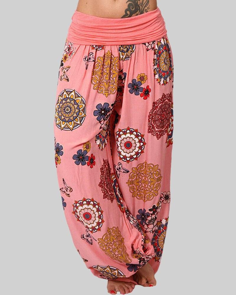 

Tribal Print Ruched Low Waist Harem Pants, Pink
