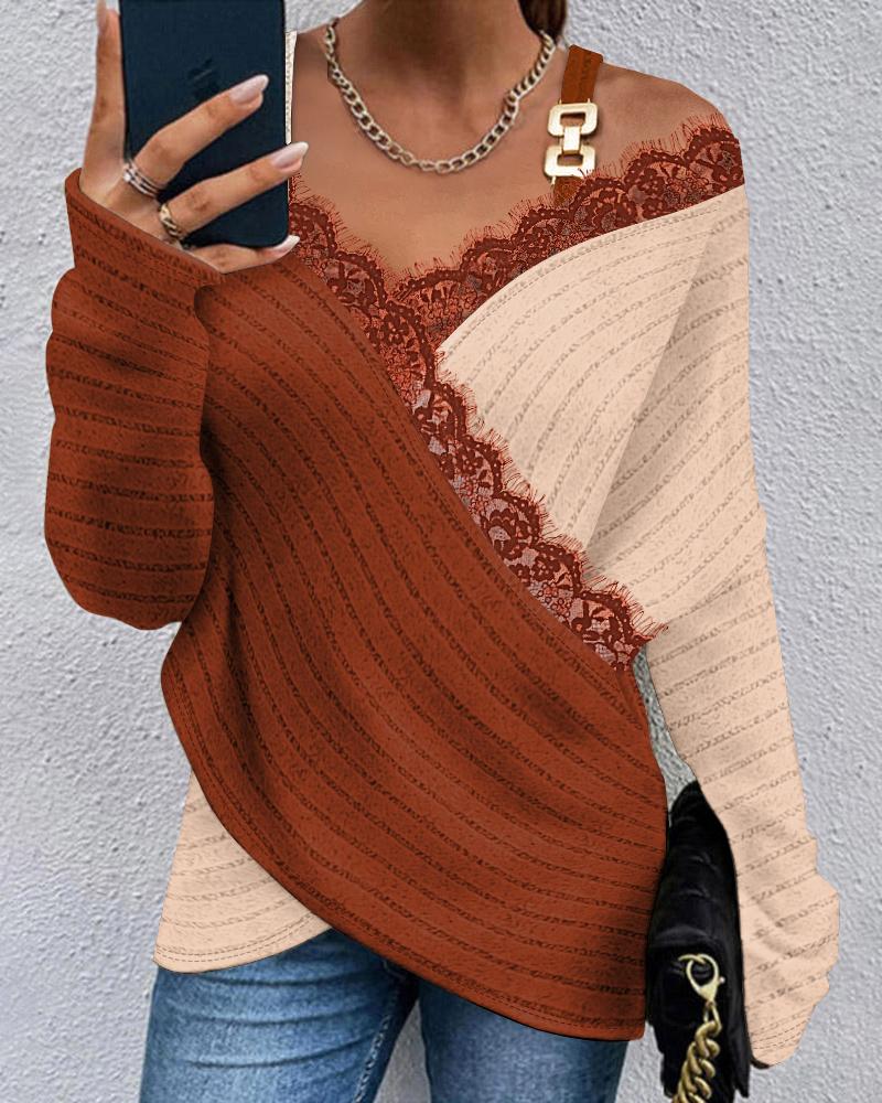 

Colorblock Cold Shoulder Chain Decor Lace Trim Ribbed Top, Orange