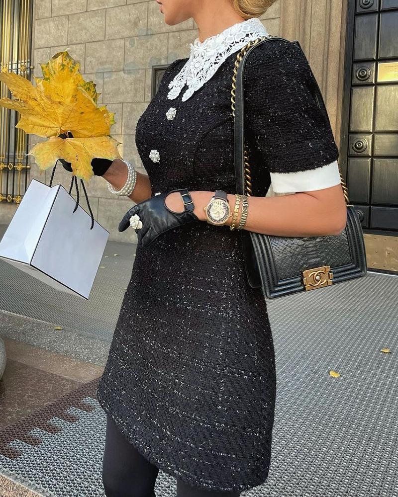 

Contrast Lace Tweed Short Sleeve Work Dress, Black