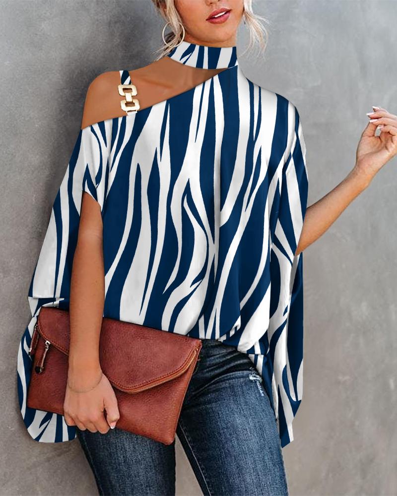 

Zebra Stripe Print Chain Strap Cold Shoulder Top, Blue