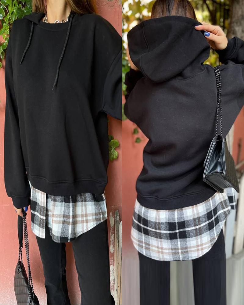 

Plaid Patch Long Sleeve Drawstring Hoodie, Black