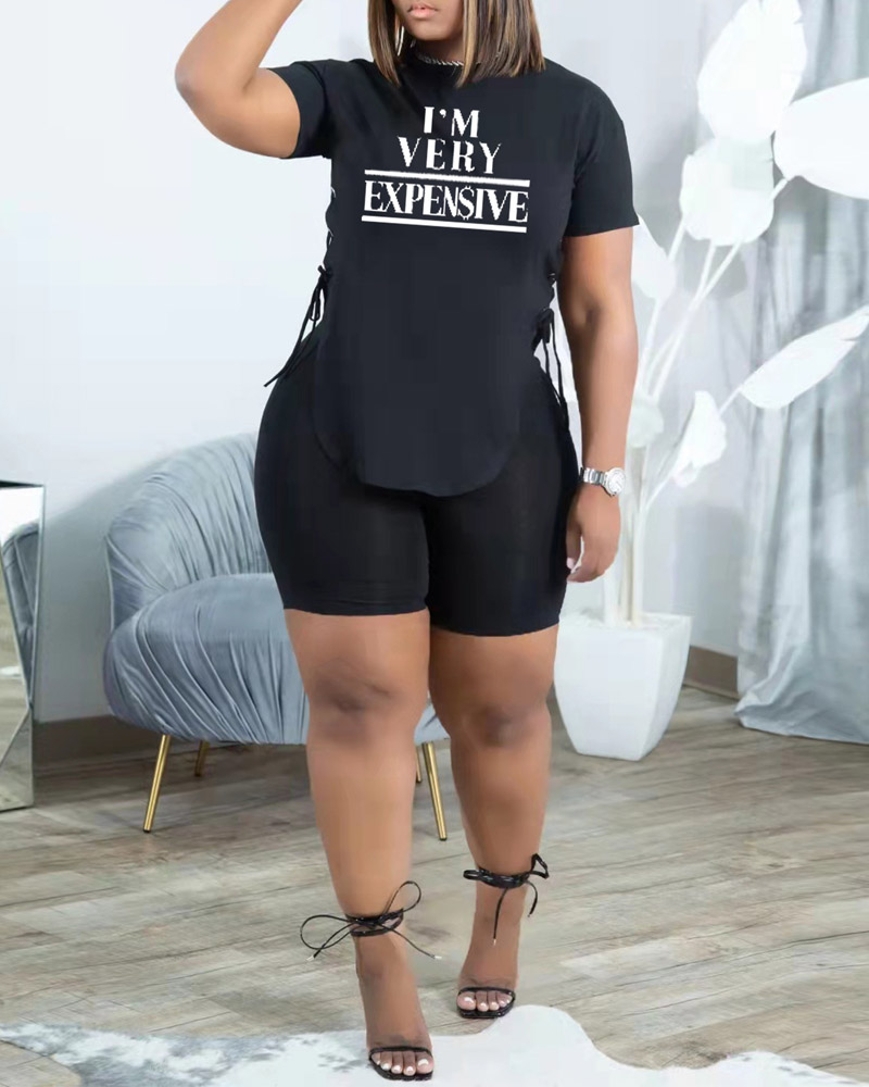 

Letter Print Eyelet Lace-up Split Hem Top & Shorts Set, Black