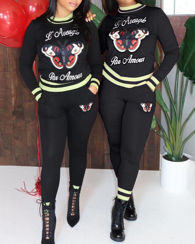

Butterfly Letter Pattern Long Sleeve Sweatshirt & Pants Set, Black