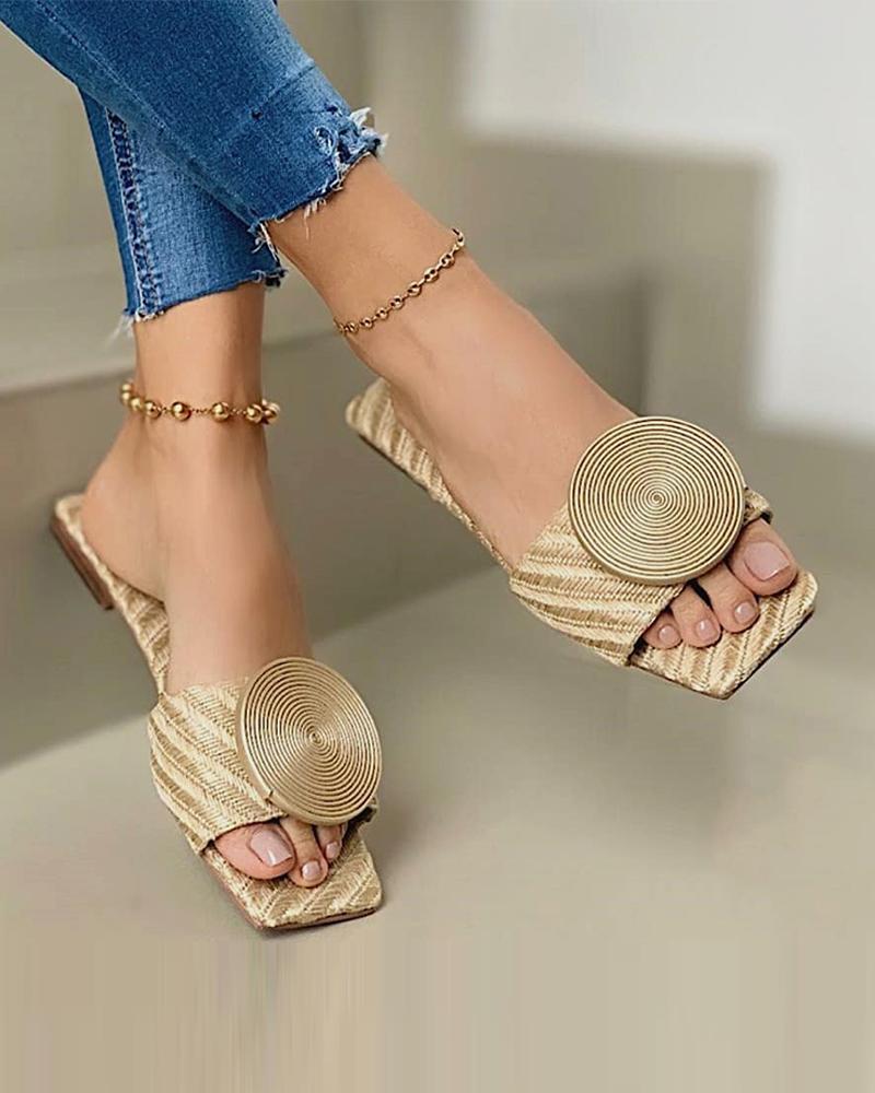 

Round Decor Square Toe Flat Slippers, Apricot